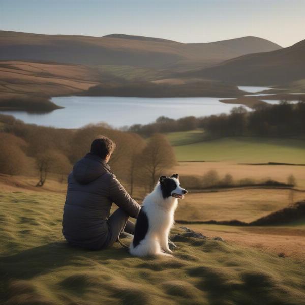 A dog enjoying the scenic Scottish view from a glamping site