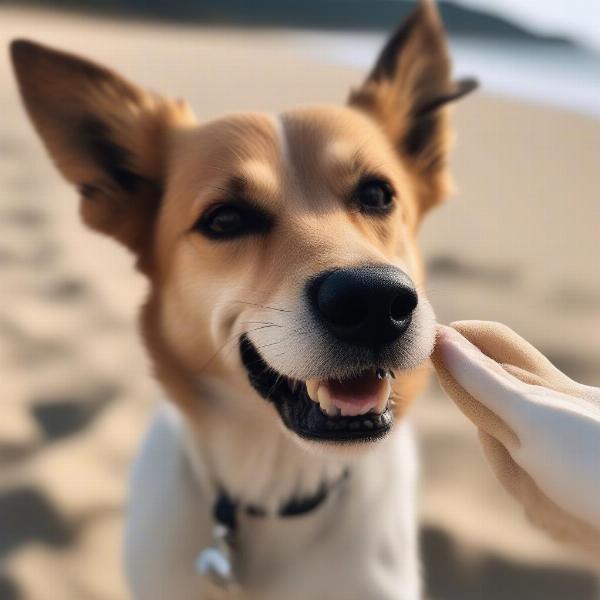 A dog enjoying treats on the beach