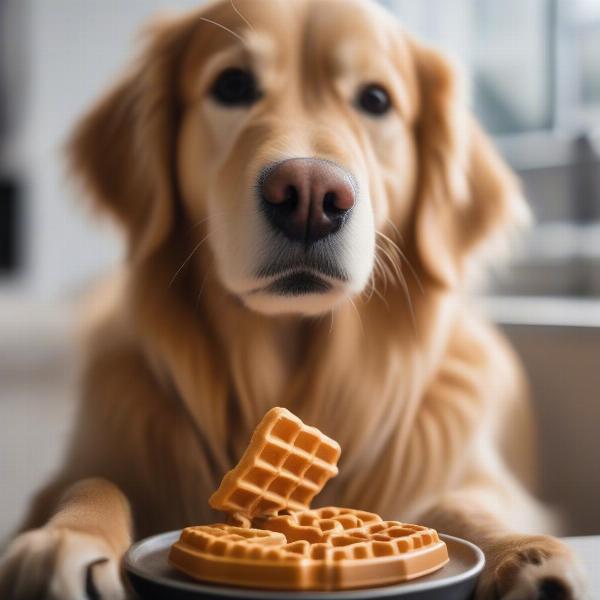 A happy dog enjoying a freshly made waffle