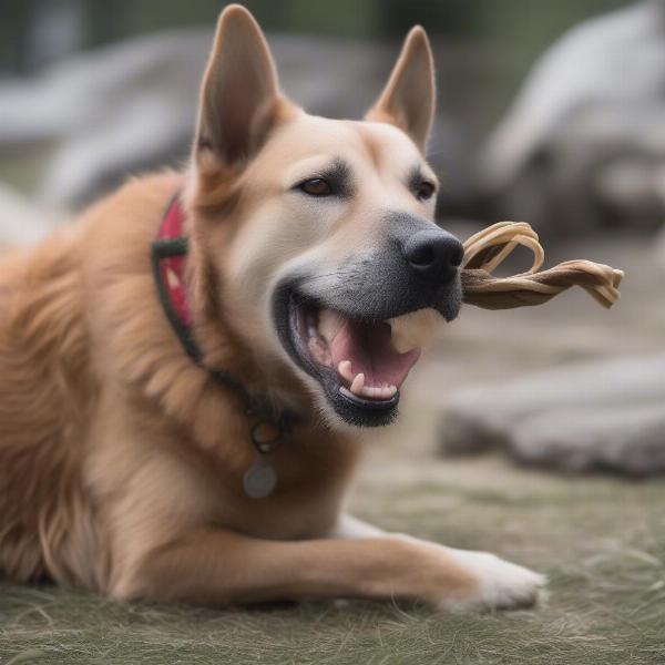 A dog happily chewing on a yak chew