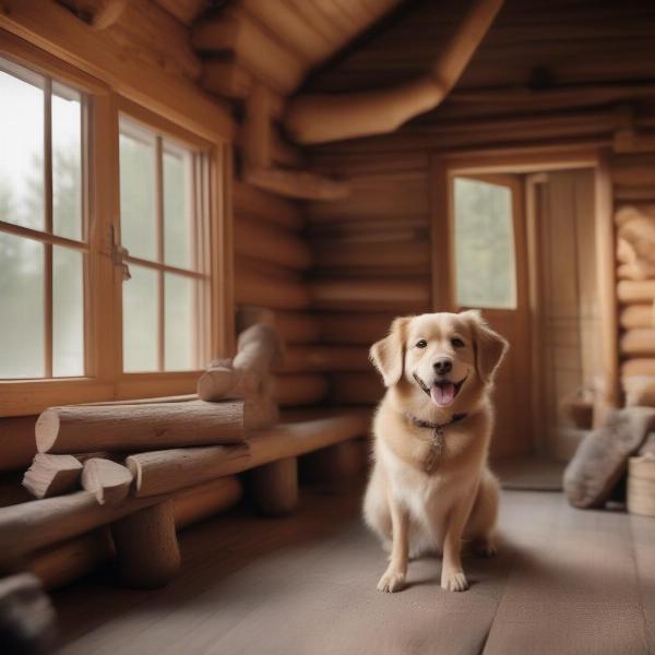 Dog exploring the log cabin