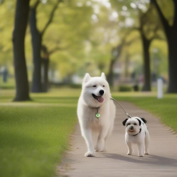 Dog enjoying a walk in a park: A dog happily explores a scenic park with its owner.