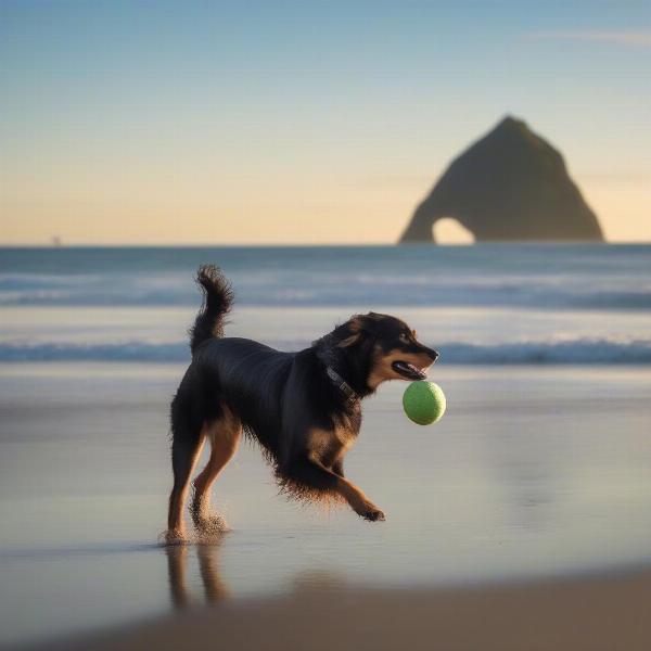 A dog playing fetch on a New Plymouth beach. In the background, the iconic Paritutu Rock is visible.