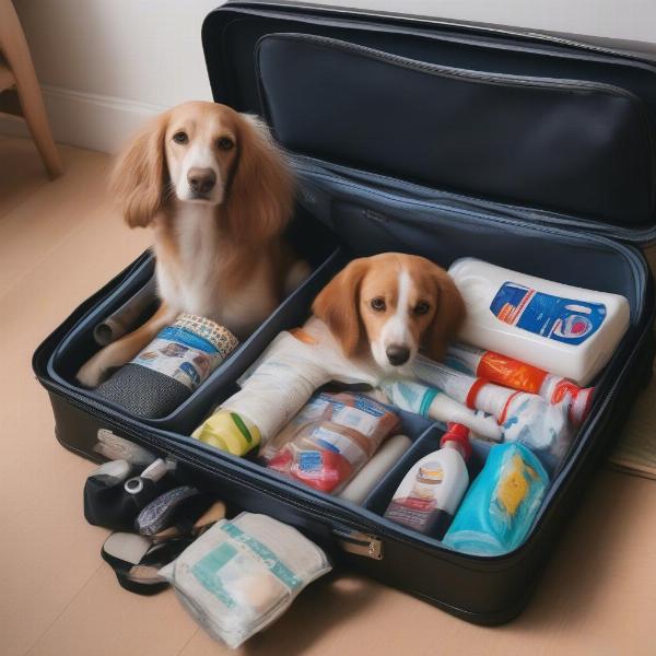 A suitcase packed with dog travel essentials.