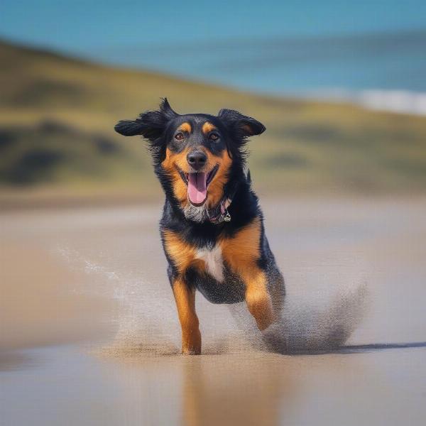 A dog playing fetch on a dog-friendly beach in North Wales.