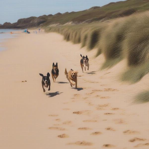 Dog-friendly beaches in Jersey with dogs playing and people enjoying the sun.