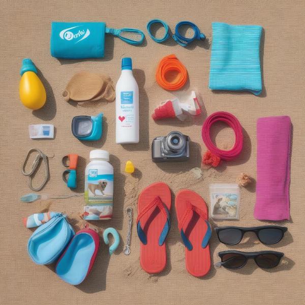 Dog beach essentials laid out on a beach towel: water bowl, poop bags, leash, and a first-aid kit.