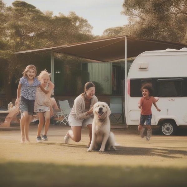 Family enjoying a dog friendly caravan park in Newcastle