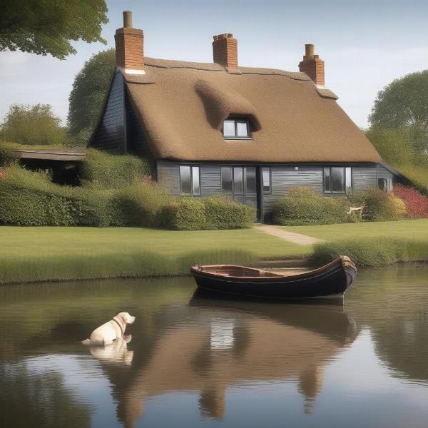 A cozy cottage with a dog sitting on the porch overlooking the Norfolk Broads.