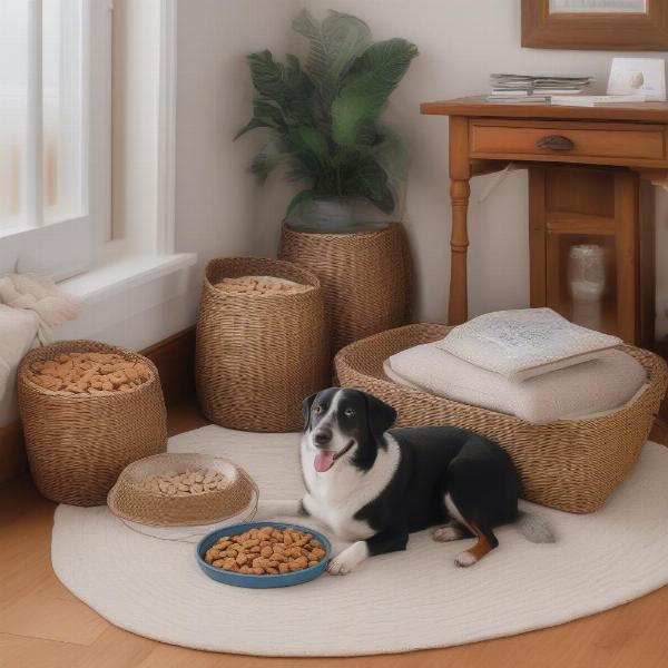 Dog-friendly amenities in a Whitby cottage: dog bed, water bowl, and treats.