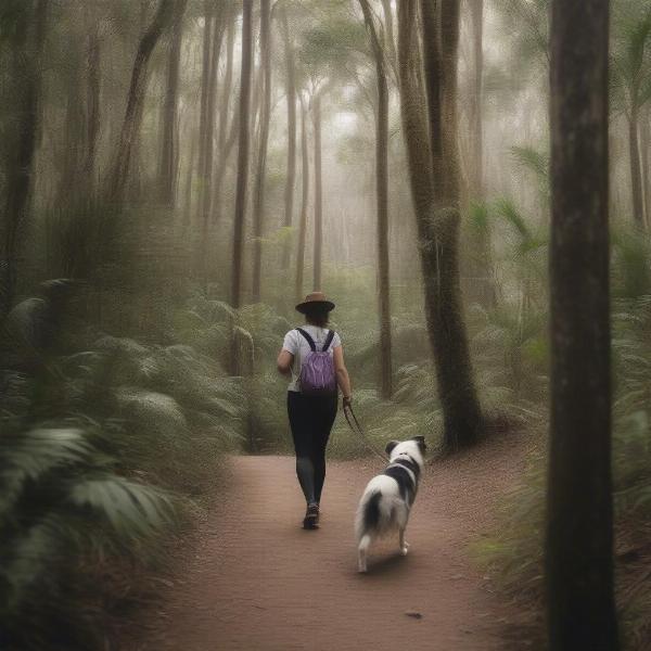 A dog and its owner hiking a trail in the Noosa hinterland near their dog-friendly accommodation.