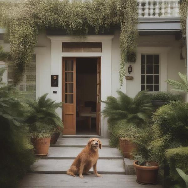 Exterior view of a dog-friendly hotel in Woolacombe with a dog sitting on the patio.