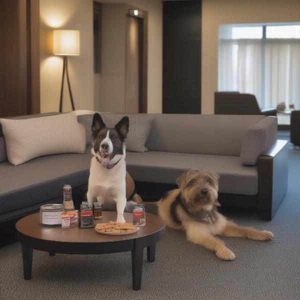 Dog-friendly amenities at a hotel in Northumberland, including water bowls and treats.