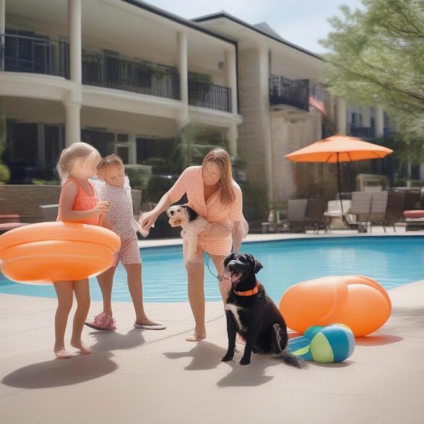 Family enjoying a pool day at a dog friendly hotel