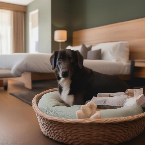 Dog-friendly hotel room in Glenwood Springs with a dog bed and water bowl.