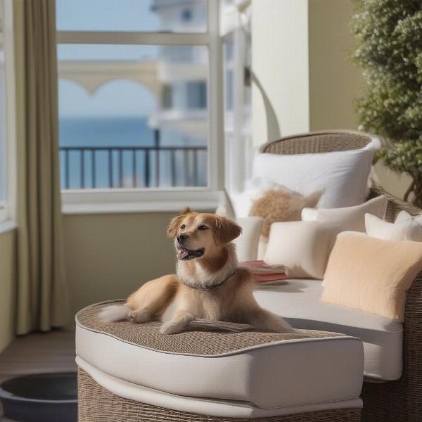 Dog-friendly hotel in Torquay with a sea view and a dog lounging on the patio.