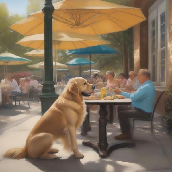 Dog-friendly patio in Savannah, Georgia, with a dog enjoying a treat under a shaded table.