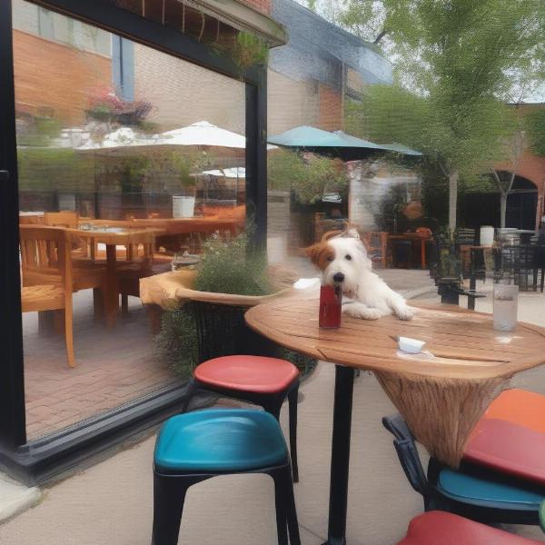 Dog-friendly patio in Tulsa with a water bowl and a dog enjoying a treat.