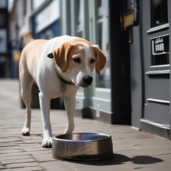 Dog drinking water from a bowl outside a Cardiff pub