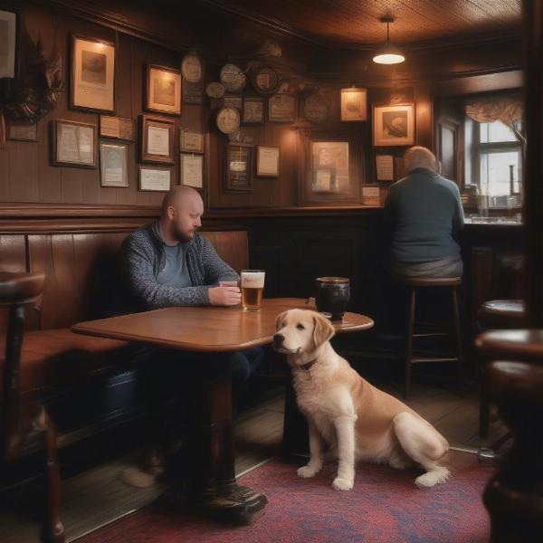 A dog relaxing at a dog-friendly pub in Scotland, enjoying the cozy atmosphere with its owner.