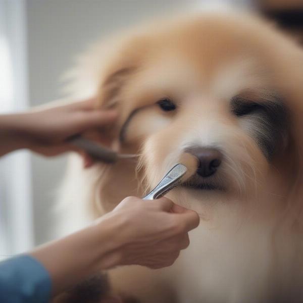 Dog getting brushed to manage dry skin