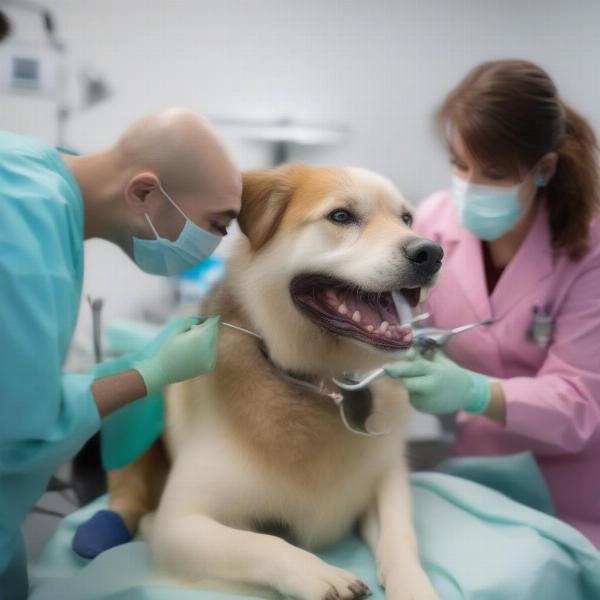 Veterinarian performing a dental cleaning on a dog