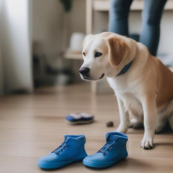 Dog getting used to wearing shoes