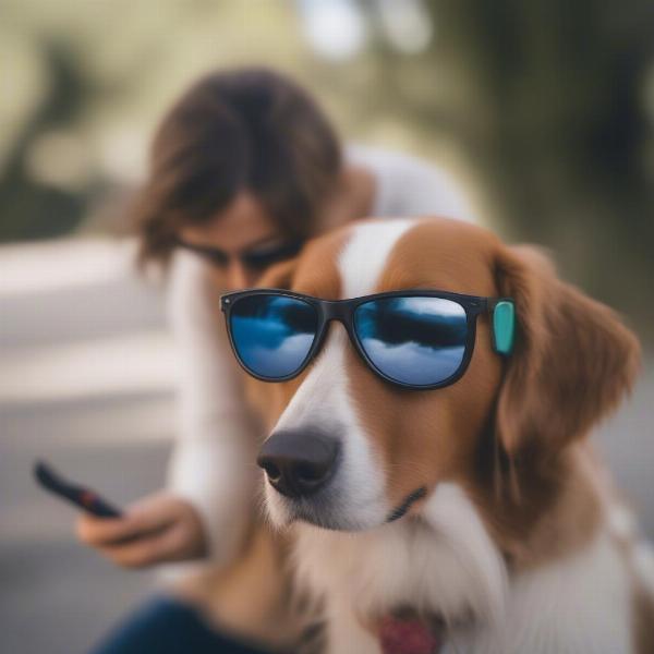 Dog getting used to wearing sunglasses