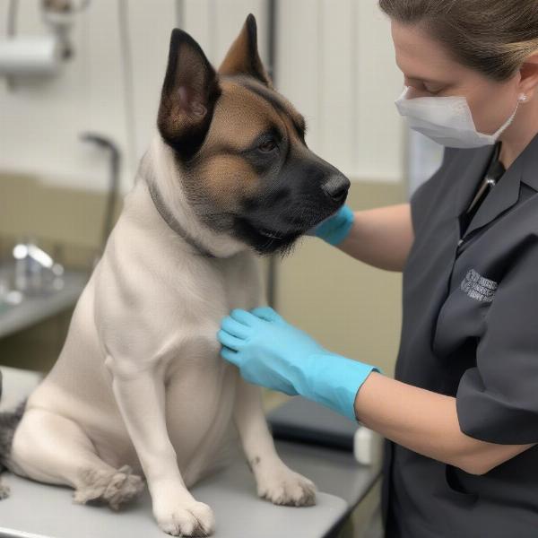 Dog groomer in Midlothian carefully checking a dog's ears