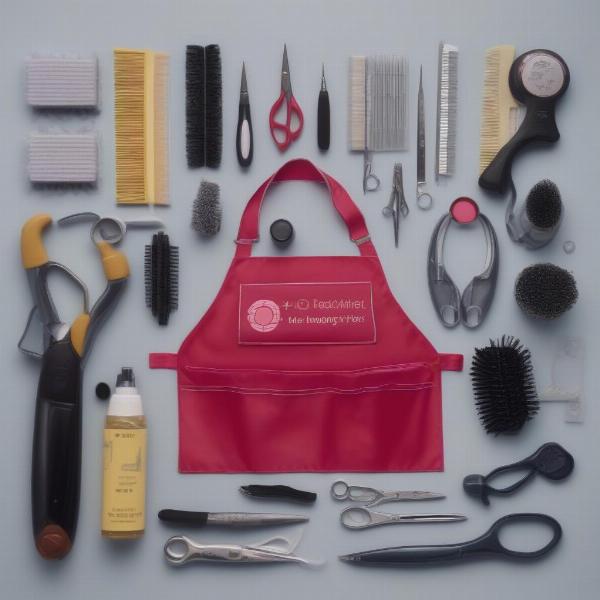 Dog grooming tools and attire laid out on a table