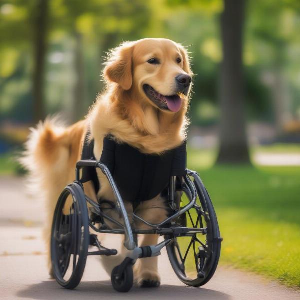 Dog happily using a full support dog wheelchair in a park