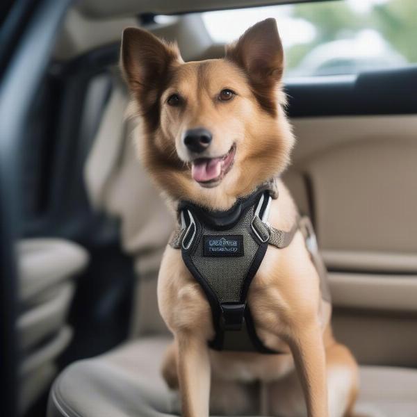 Dog Harness Securely Attached to Car Seatbelt