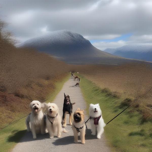 Dogs hiking on the trails of Ben Nevis in Fort William.