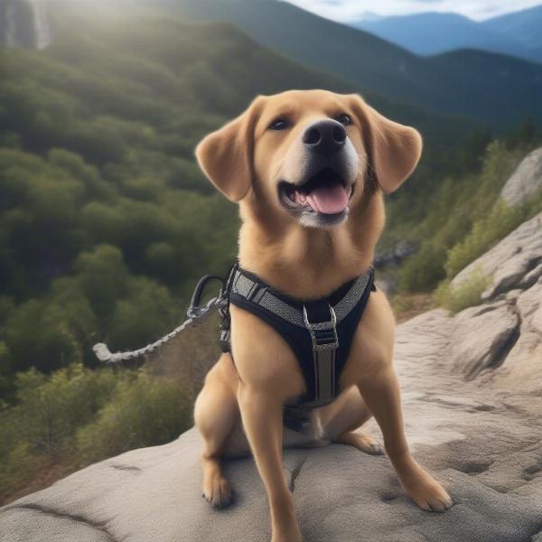 Dog hiking a mountain trail with its owner