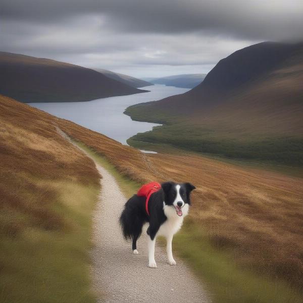 A dog enjoying a hike on a scenic trail near Ullapool, Scotland.