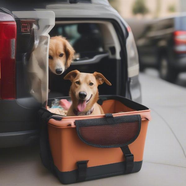 Dog in a carrier receiving treats