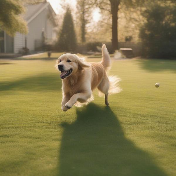 Happy dog playing in a fenced yard