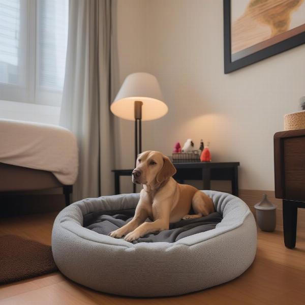 A dog relaxing in a comfortable dog-friendly hotel room in Scarborough.