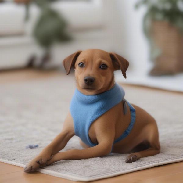 A happy dog wearing a nappy