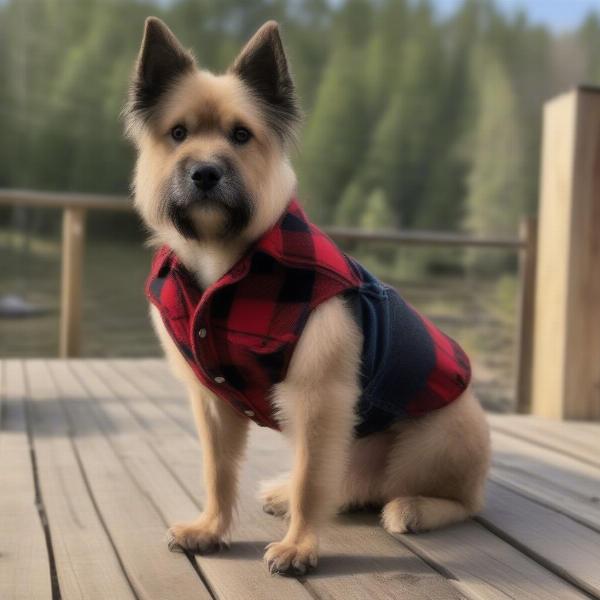 Dog in Plaid Shirt and Denim Vest