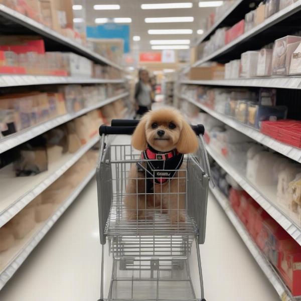 Dog sitting calmly in a shopping cart at HomeGoods