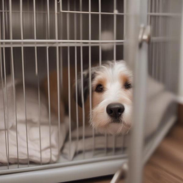 A dog relaxing comfortably inside their cage cabinet