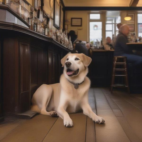 A dog relaxing inside a dog-friendly pub in Wells-next-the-Sea.