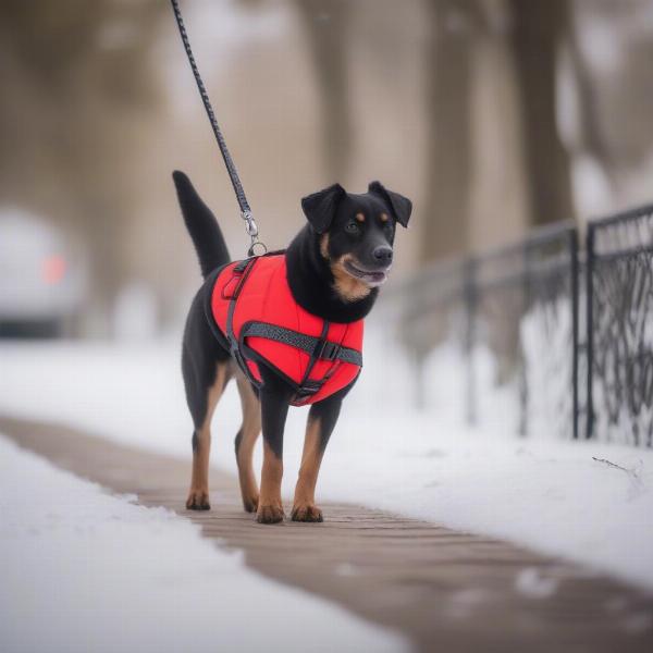 Dog walking with a jacket and harness