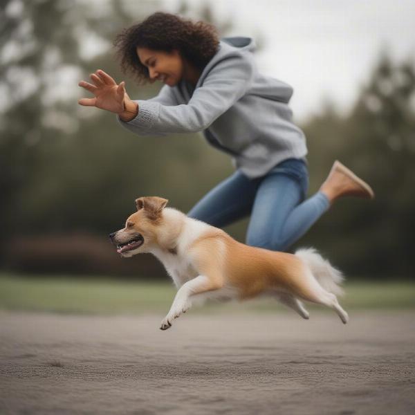 Dog jumping through owner's legs