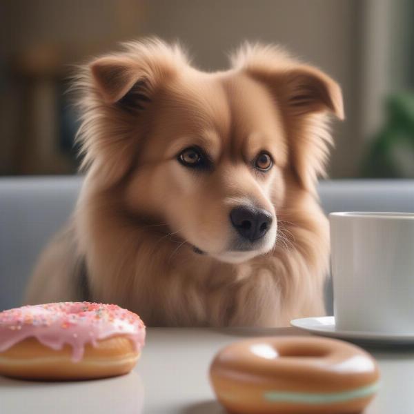 Dog looking longingly at a donut