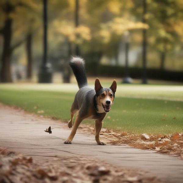 Dog lunging at a squirrel in a park