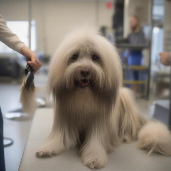 Dog with matted fur being brushed