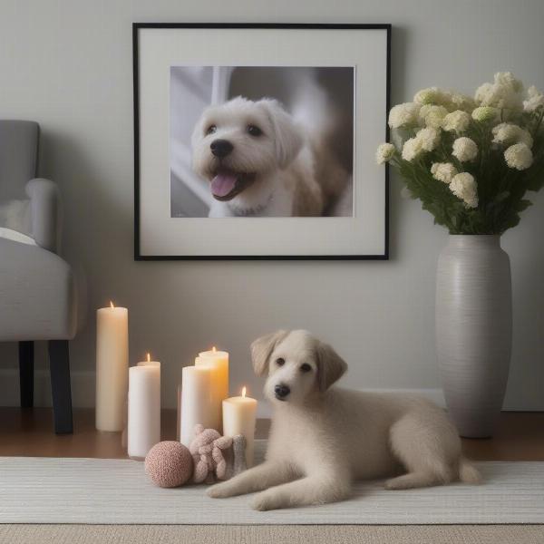 Dog memorial space: A dedicated corner in a living room with a dog's photo, favorite toys, and a candle.