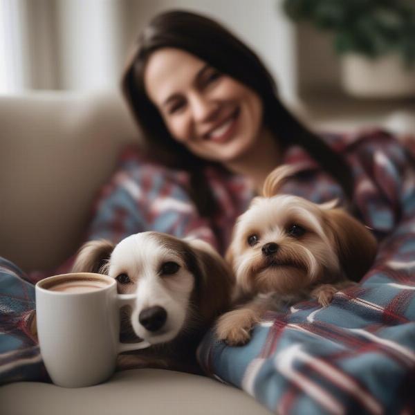 Dog mom and her dog wearing matching pajamas, enjoying a cozy night in.